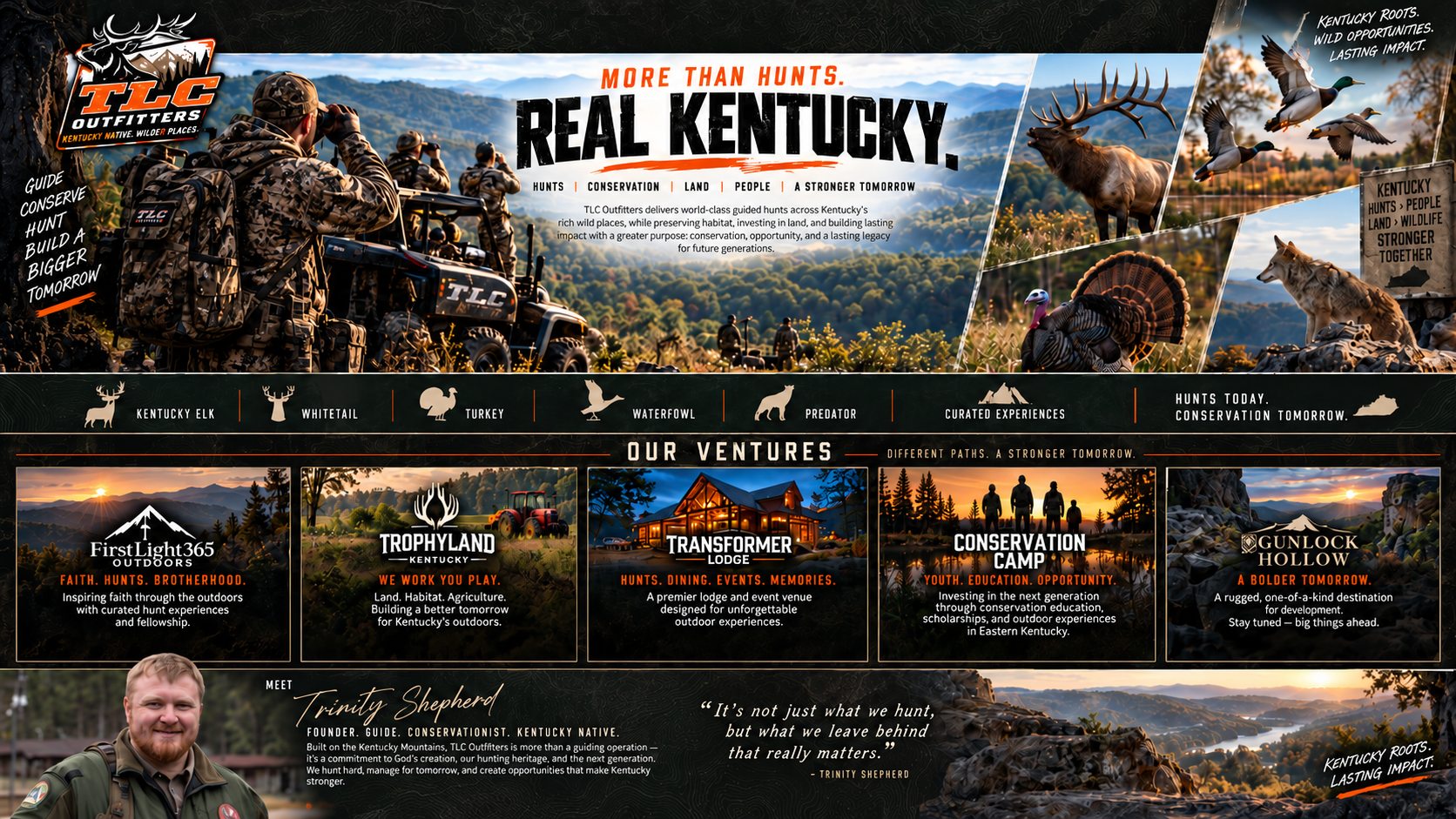 TLC Outfitters website concept featuring Kentucky hunting, wildlife, the TLC ventures, and Trinity Shepherd.