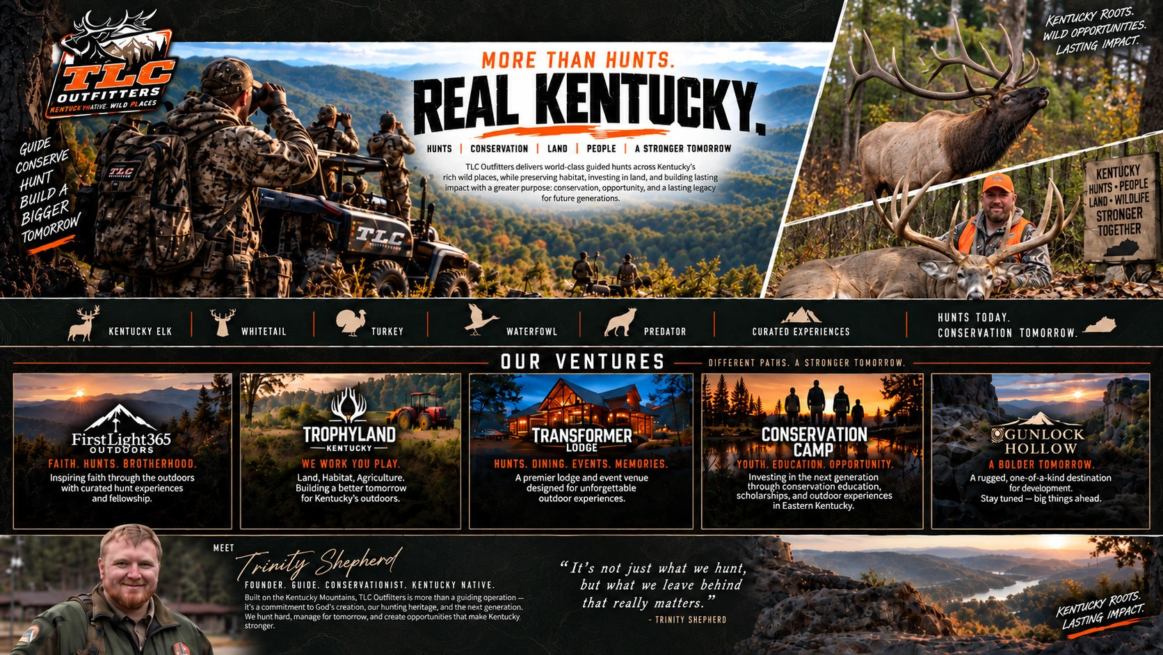 TLC Outfitters website concept featuring Kentucky hunting, wildlife, the TLC ventures, and Trinity Shepherd.